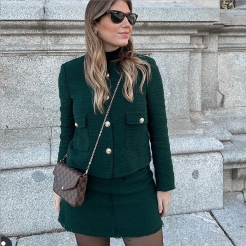 ZARA Bottle Green Gold Button Tweed Blazer L